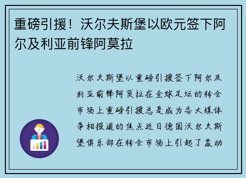 重磅引援！沃尔夫斯堡以欧元签下阿尔及利亚前锋阿莫拉