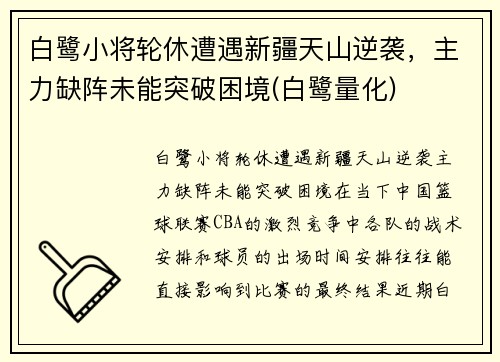 白鹭小将轮休遭遇新疆天山逆袭，主力缺阵未能突破困境(白鹭量化)