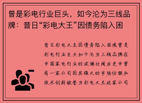 曾是彩电行业巨头，如今沦为三线品牌：昔日“彩电大王”因债务陷入困境