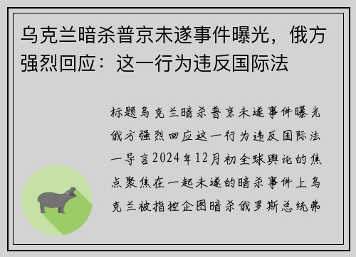 乌克兰暗杀普京未遂事件曝光，俄方强烈回应：这一行为违反国际法