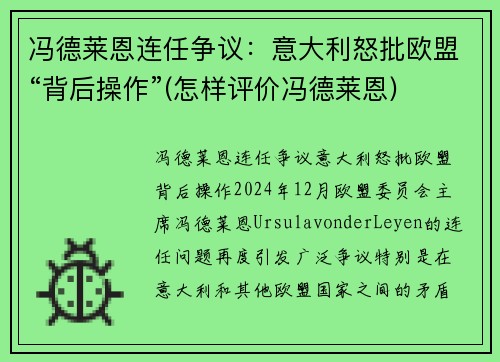 冯德莱恩连任争议：意大利怒批欧盟“背后操作”(怎样评价冯德莱恩)
