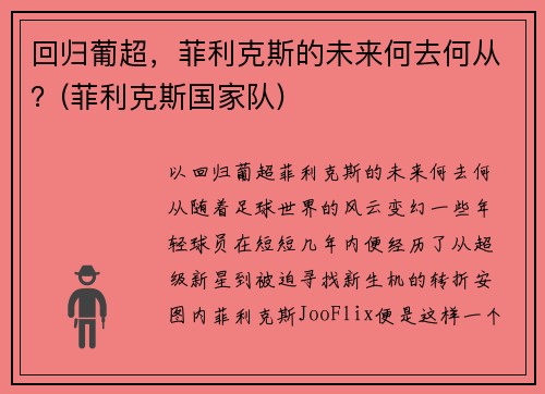 回归葡超，菲利克斯的未来何去何从？(菲利克斯国家队)