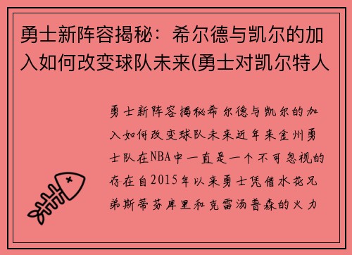 勇士新阵容揭秘：希尔德与凯尔的加入如何改变球队未来(勇士对凯尔特人双加时)