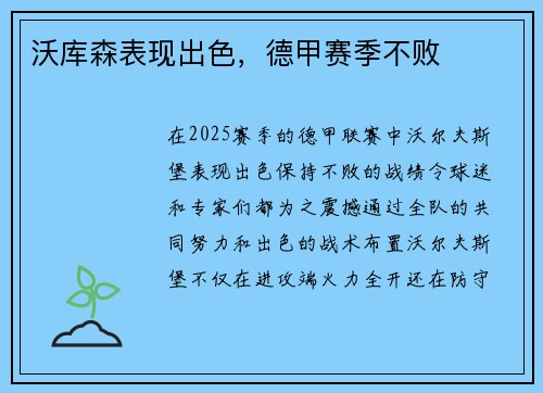 沃库森表现出色，德甲赛季不败