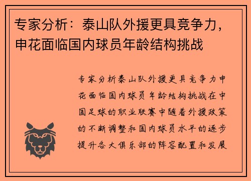 专家分析：泰山队外援更具竞争力，申花面临国内球员年龄结构挑战